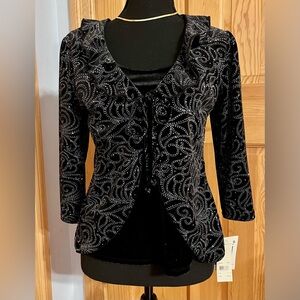 Notations NWT Black Silver Glitter Velvet Ruffle Cardigan Twofer Top Petite PM